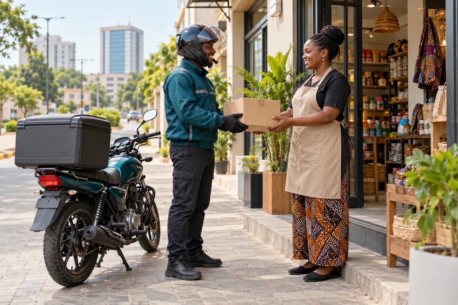Illustration d’un livreur à moto casqué remettant un colis à un commerçant